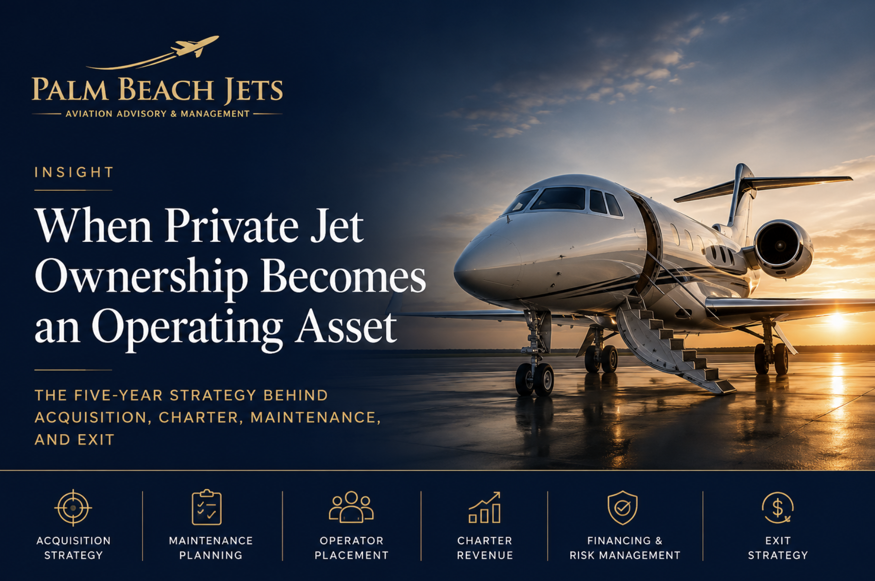 Private jet ownership strategy covering acquisition, maintenance, charter management, financing, and exit planning