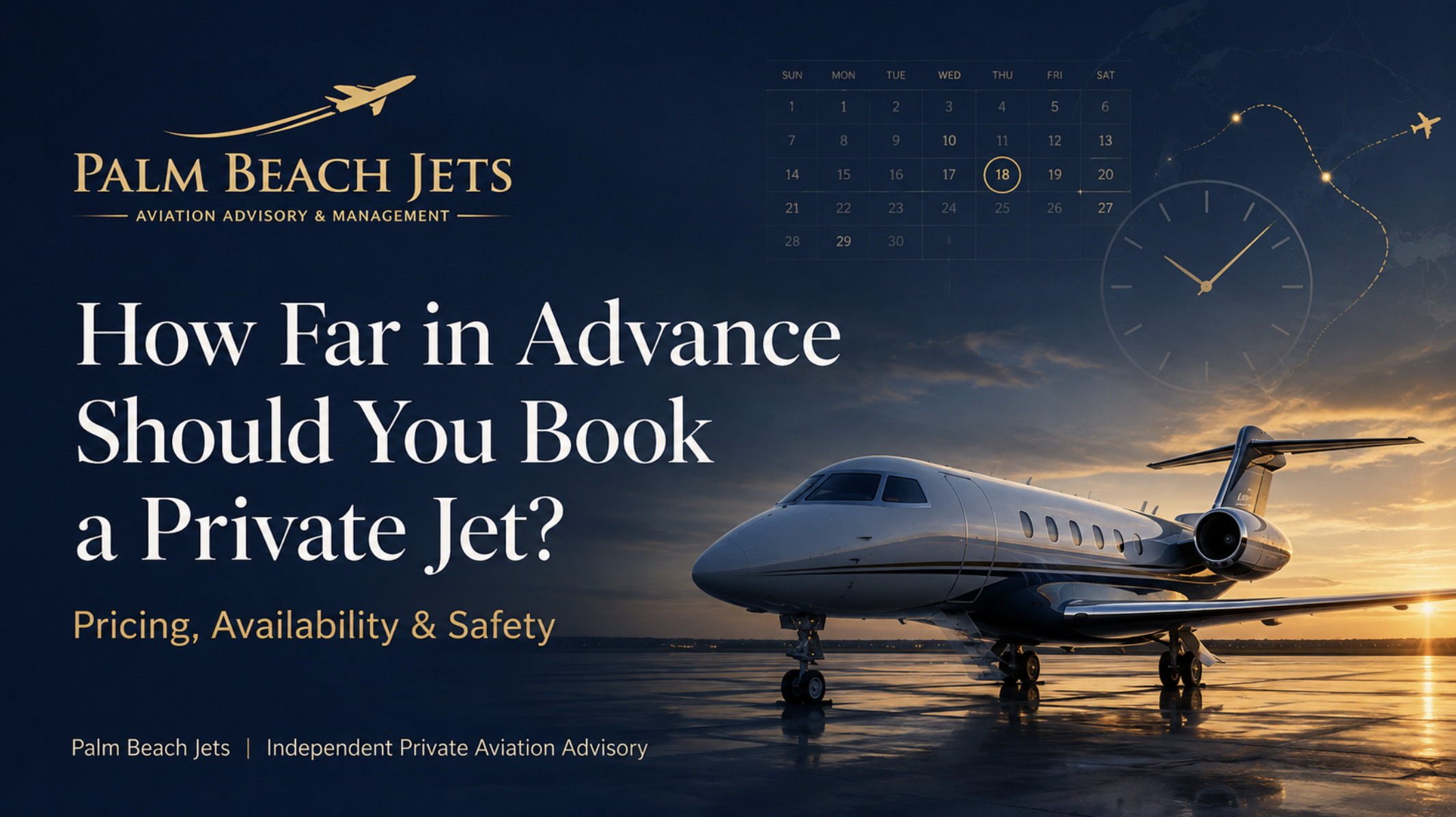 Private jet on an airport ramp representing charter booking timing, aircraft availability, pricing and safety considerations.