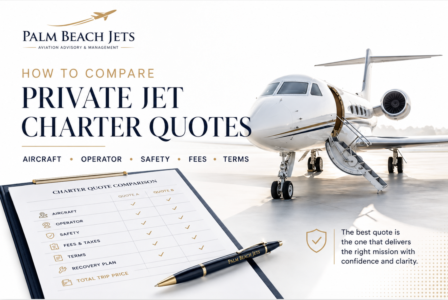 Private jet charter quote comparison showing aircraft, operator, safety, pricing and contract terms.