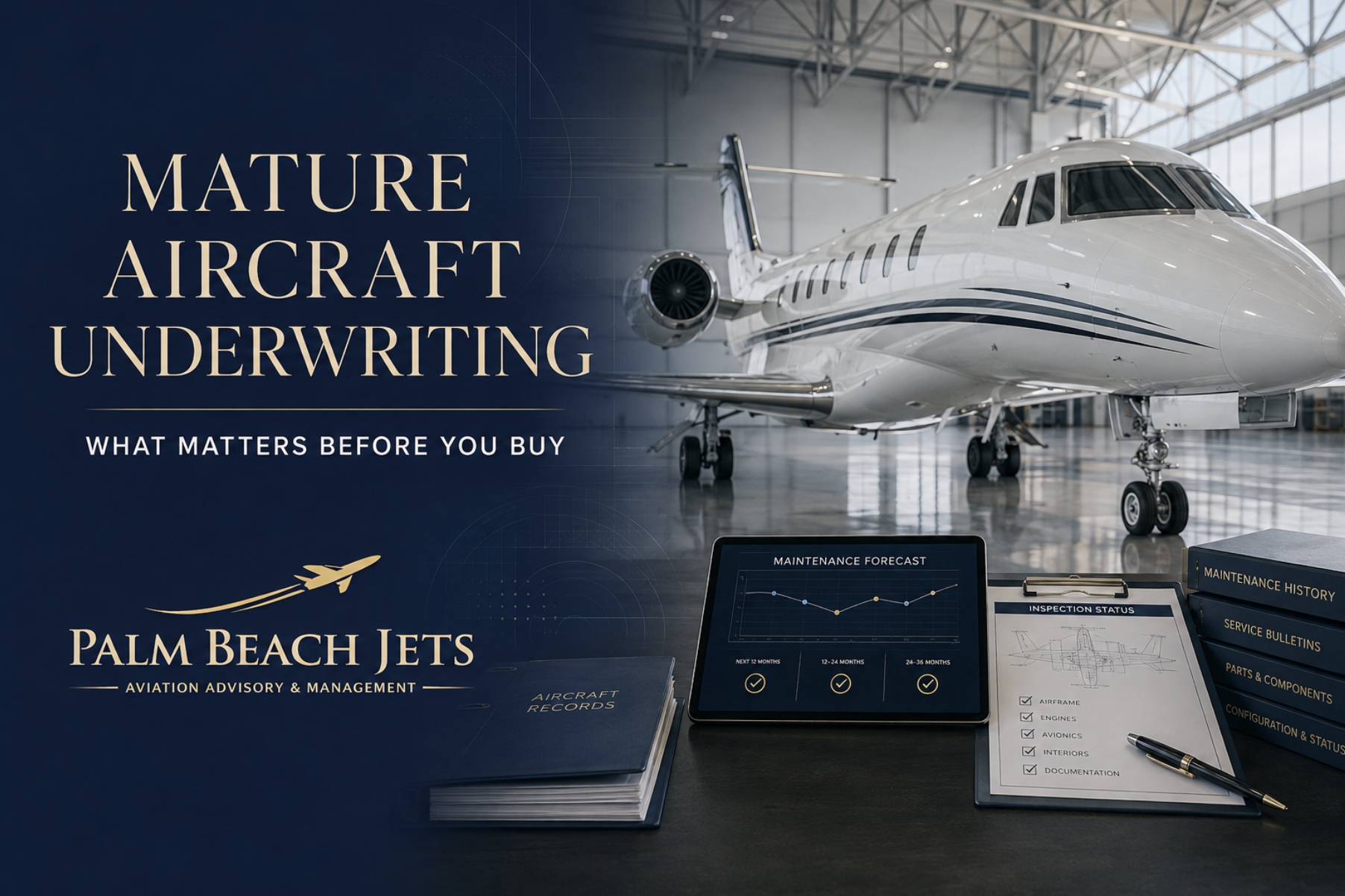 Pre-owned private jet due diligence covering aircraft records, maintenance, engine programs, inspections, supportability and resale risk.