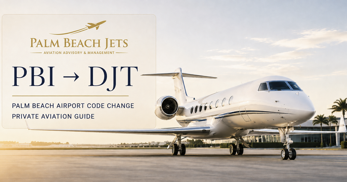 Graphic explaining the PBI-to-DJT and KPBI-to-KDJT airport identifier changes for private aviation.