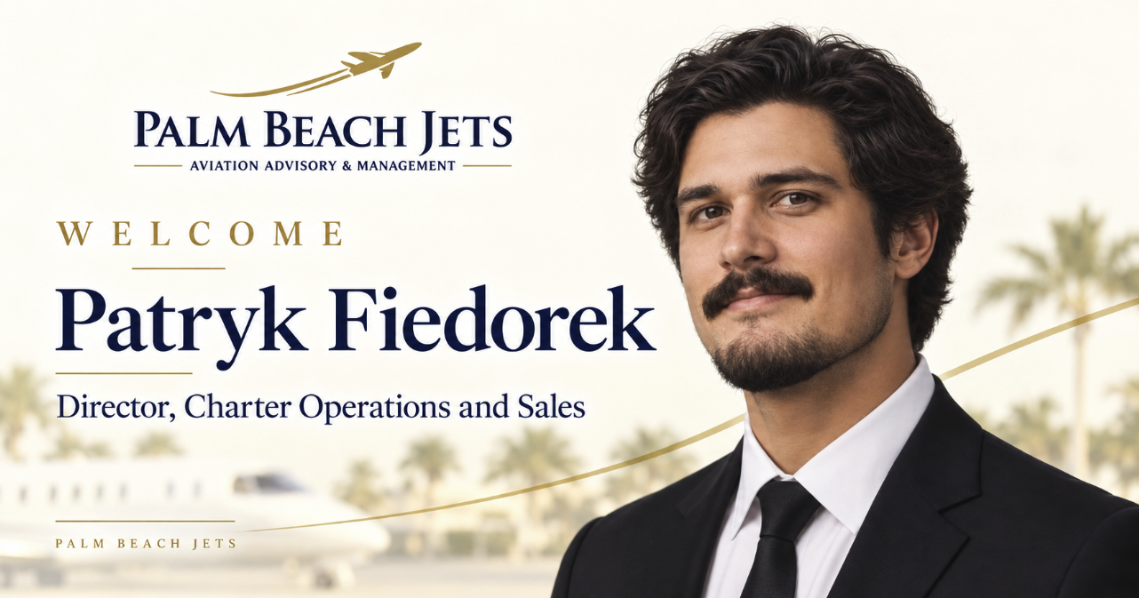 Palm Beach Jets welcome announcement for Patryk Fiedorek, Director, Charter Operations and Sales.